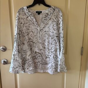 LAUREN Ralph Lauren White 100% Linen Blouse with Brown Print